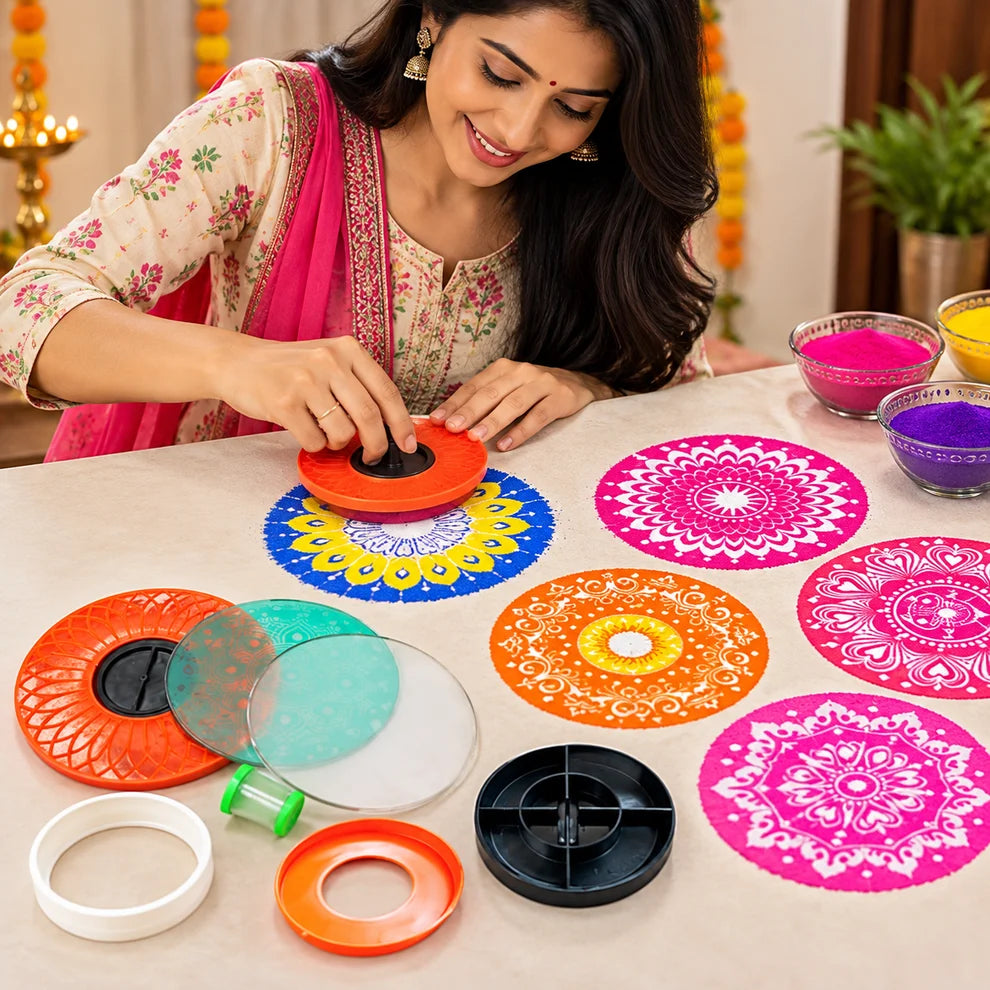 RangoliTwirl 4-Inch Magic Rotating Rangoli Maker Kit with 2 Design Jalis & Filter Box - Buy 1 Get 1 FREE🌈 🪔 ✨