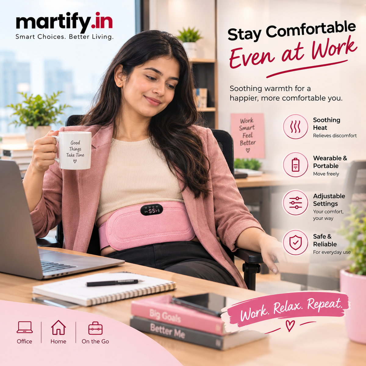 Martify™ Period Cramp Relief Heating Pad – 4 Massage Modes, LED Display & Comfortable Wearable Belt (Pink)
