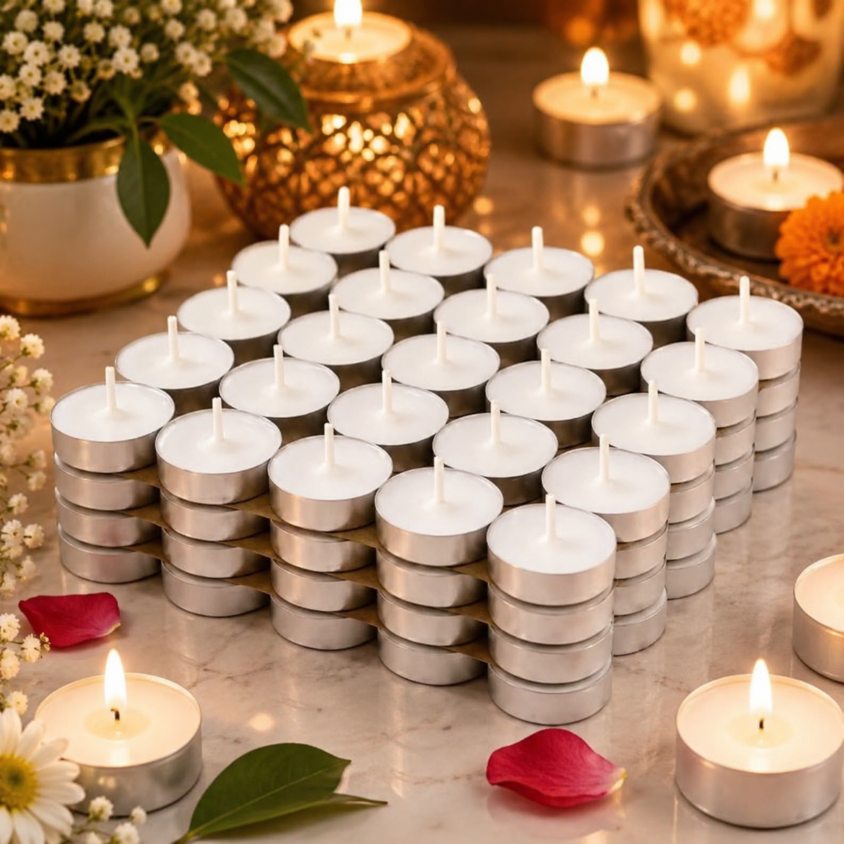 Scented Tea Lights Candles in Bulk | 50 White, Smokeless, Dripless & Long Lasting Paraffin Premium Tea Candles 🌈 🪔 ✨