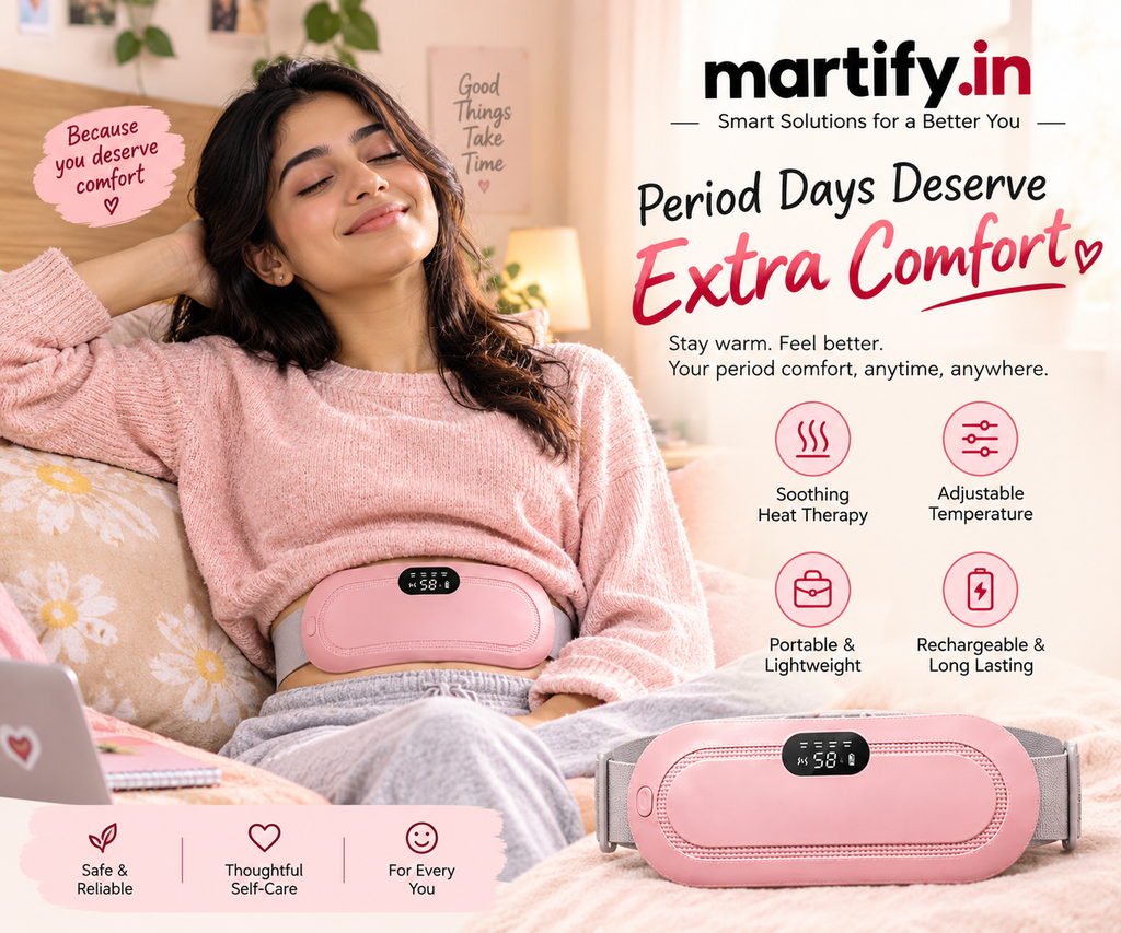 Martify™ Period Cramp Relief Heating Pad – 4 Massage Modes, LED Display & Comfortable Wearable Belt (Pink)