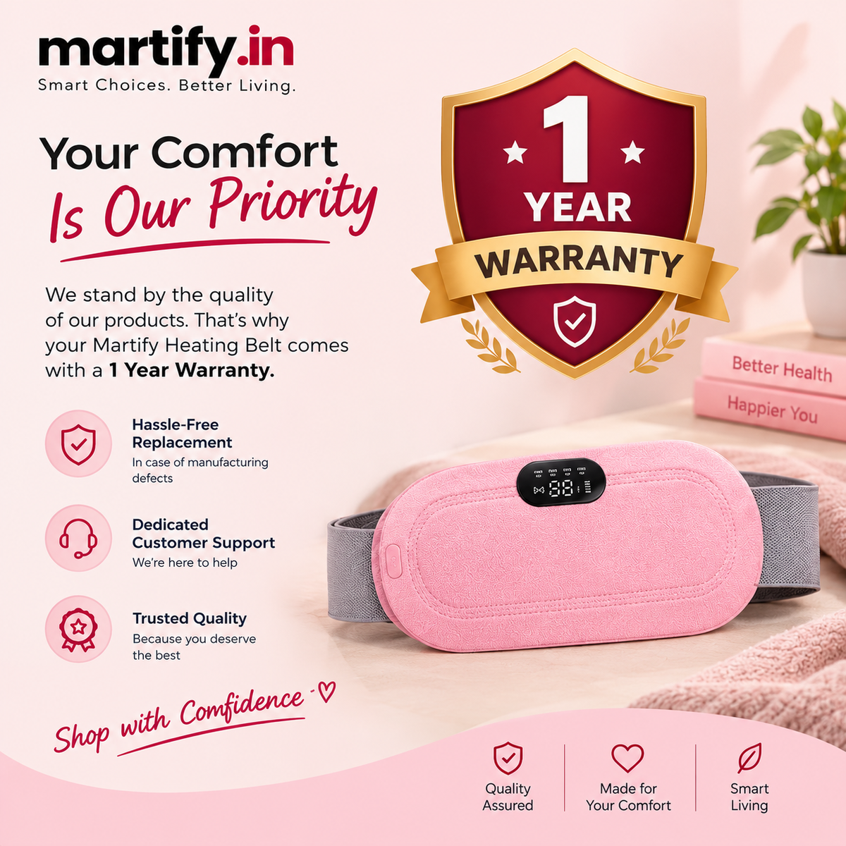 Martify™ Period Cramp Relief Heating Pad – 4 Massage Modes, LED Display & Comfortable Wearable Belt (Pink)