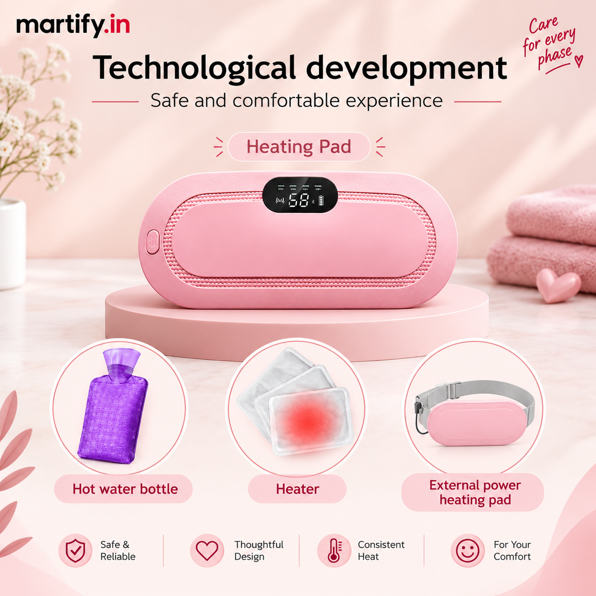 Martify™ Period Cramp Relief Heating Pad – 4 Massage Modes, LED Display & Comfortable Wearable Belt (Pink)