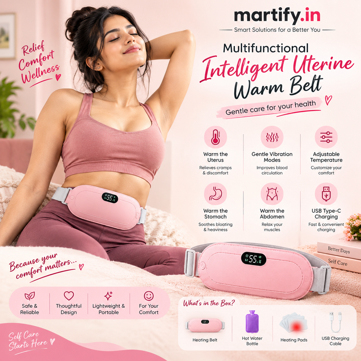 Martify™ Period Cramp Relief Heating Pad – 4 Massage Modes, LED Display & Comfortable Wearable Belt (Pink)