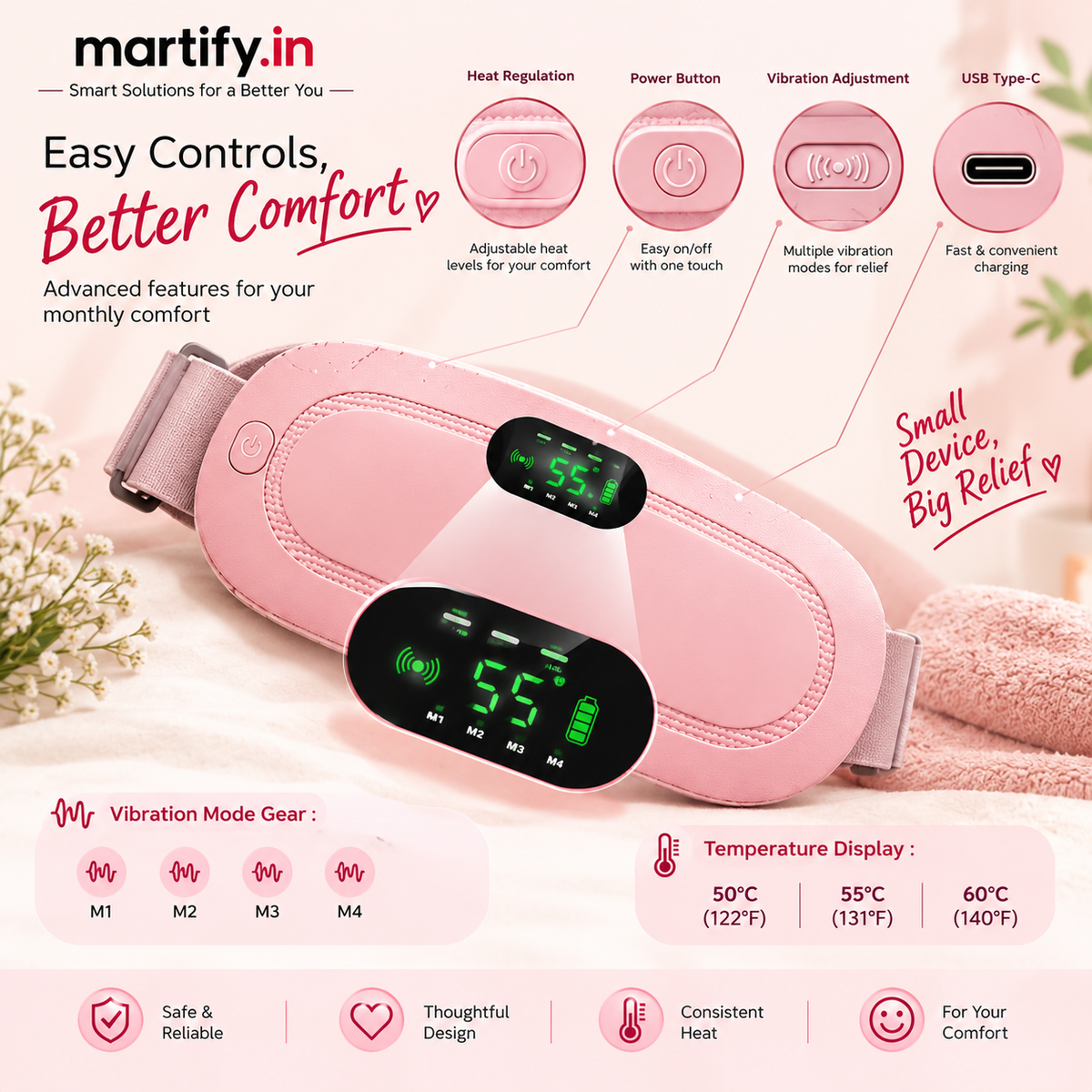 Martify™ Period Cramp Relief Heating Pad – 4 Massage Modes, LED Display & Comfortable Wearable Belt (Pink)
